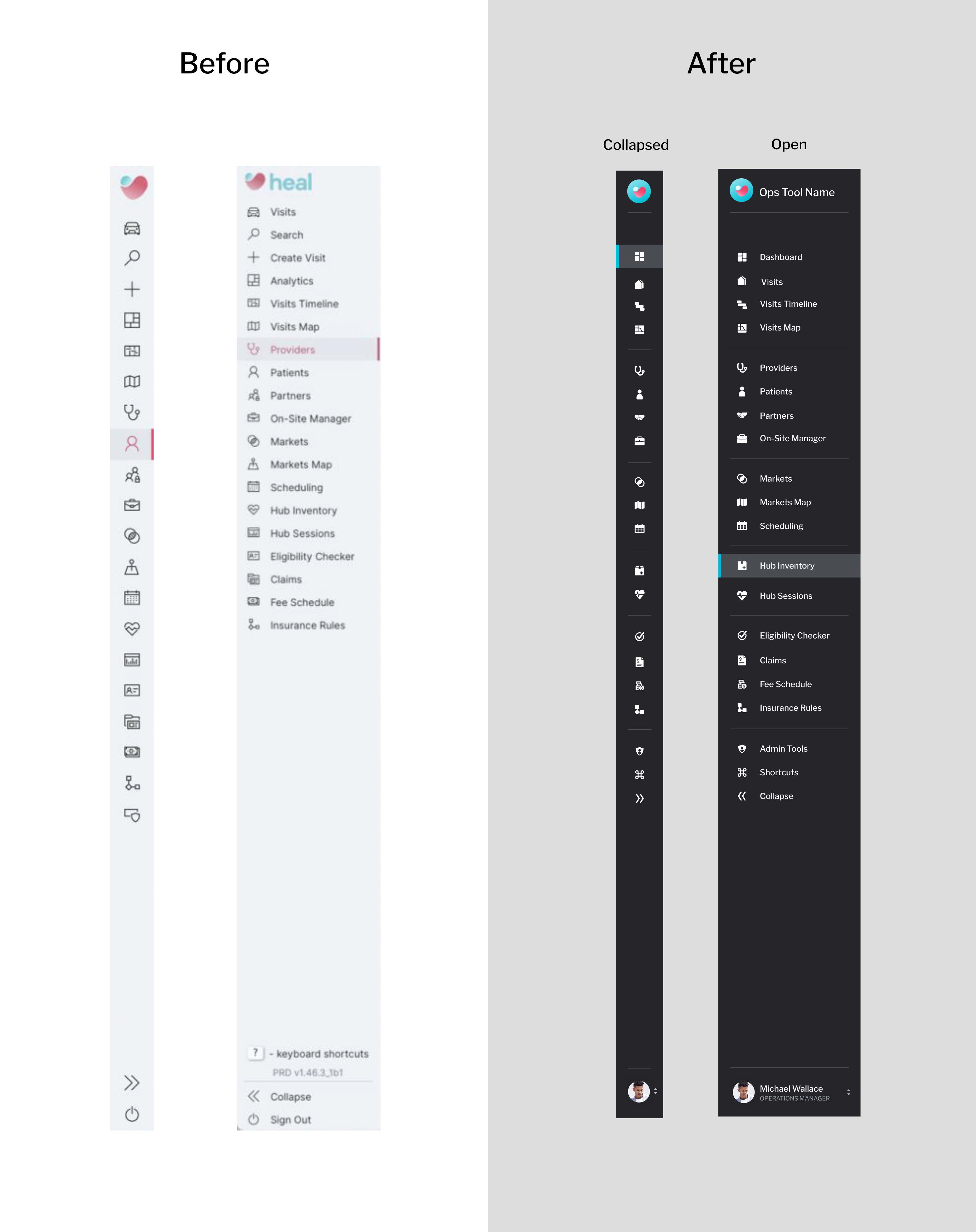 Before and after comparison of the Heal navigation sidebar. Before: flat ungrouped list of 20+ items with inconsistent icons. After: organized into logical groups with clear visual separation, supporting collapsed icon-only and expanded states, with user profile at the bottom