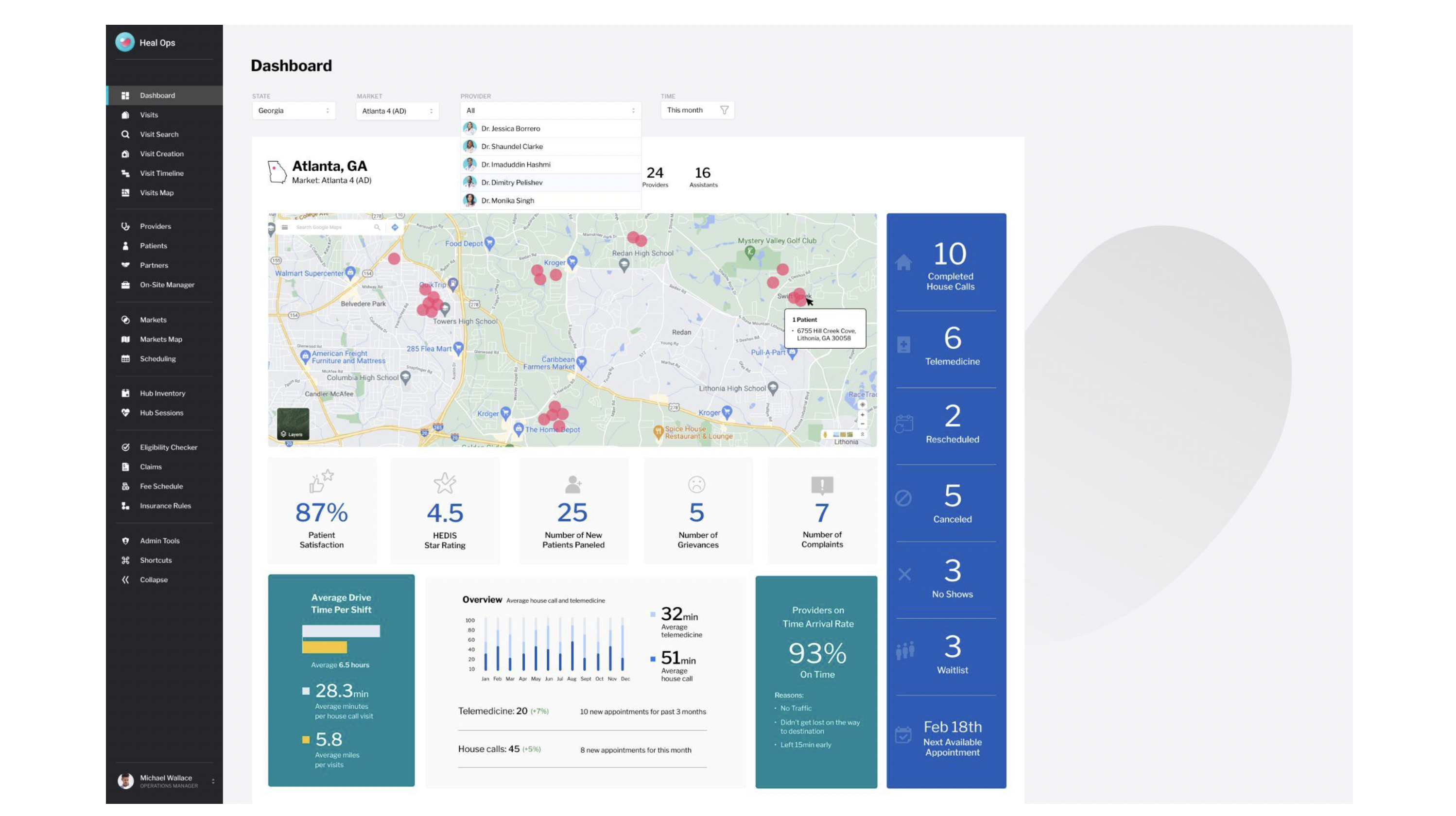 Dashboard with provider dropdown menu open, showing Dr. Jessica Borrero, Dr. Shaundel Clarke, Dr. Imaduddin Hashmi, Dr. Dimitry Pelishev, and Dr. Monika Singh with avatar images. Map zoomed to show individual patient location with address tooltip
