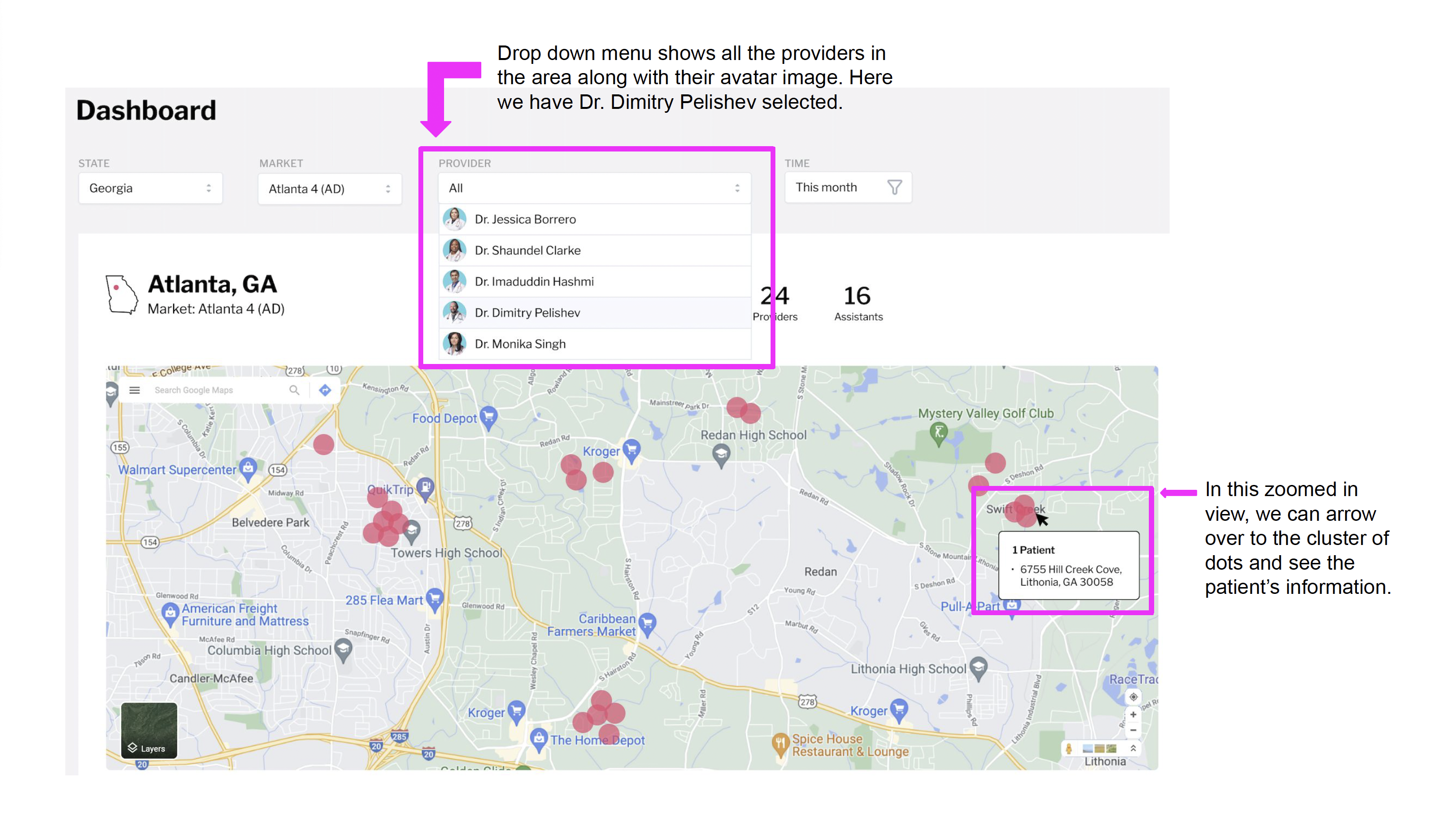 Dashboard annotated: dropdown menu shows all providers in the area with avatar images, Dr. Dimitry Pelishev selected. Zoomed map view showing cluster of dots with patient information tooltip displaying address