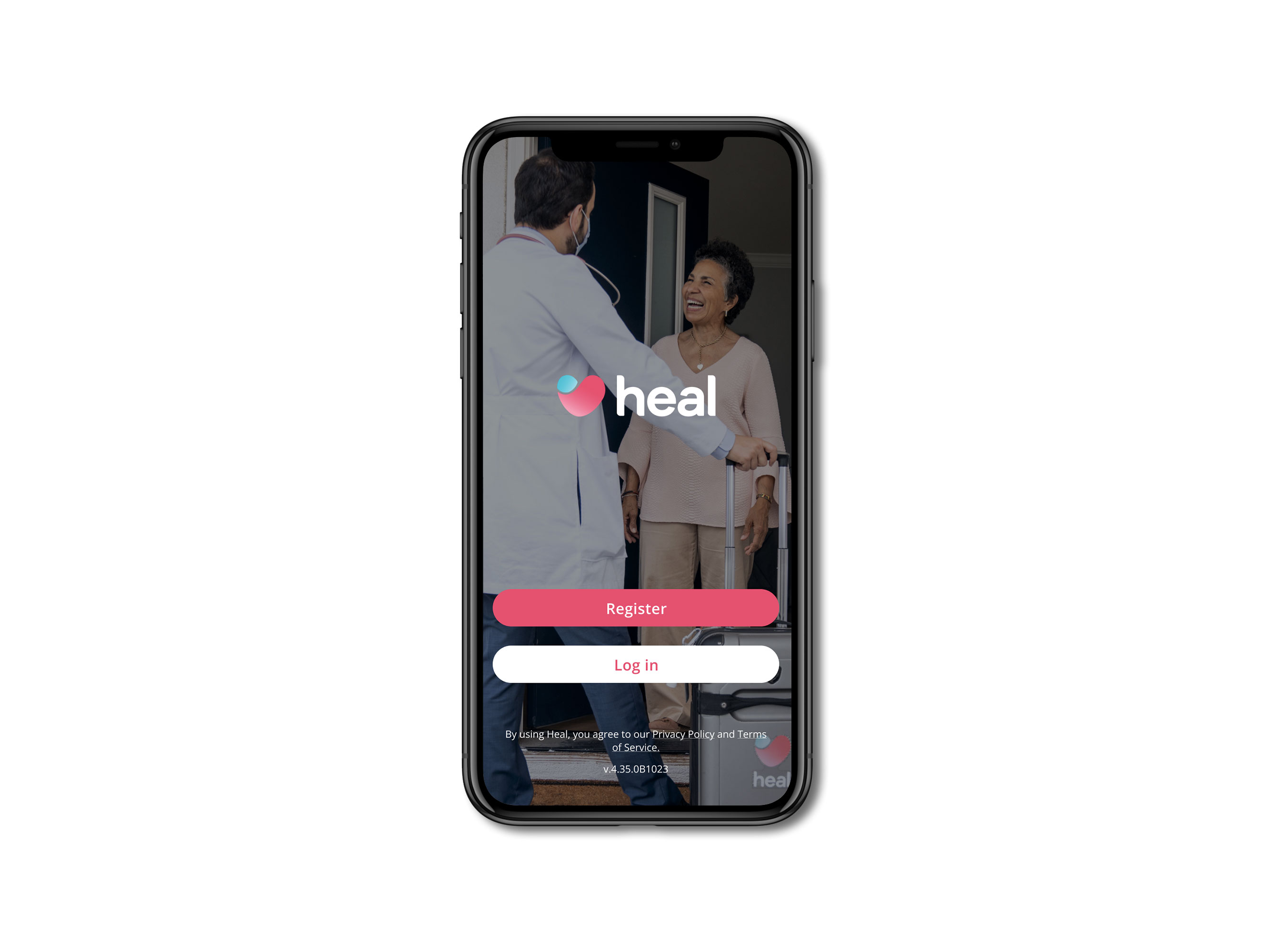 Heal app login screen on mobile showing a doctor greeting a patient at their front door, with the Heal logo, Register button, and Log In button