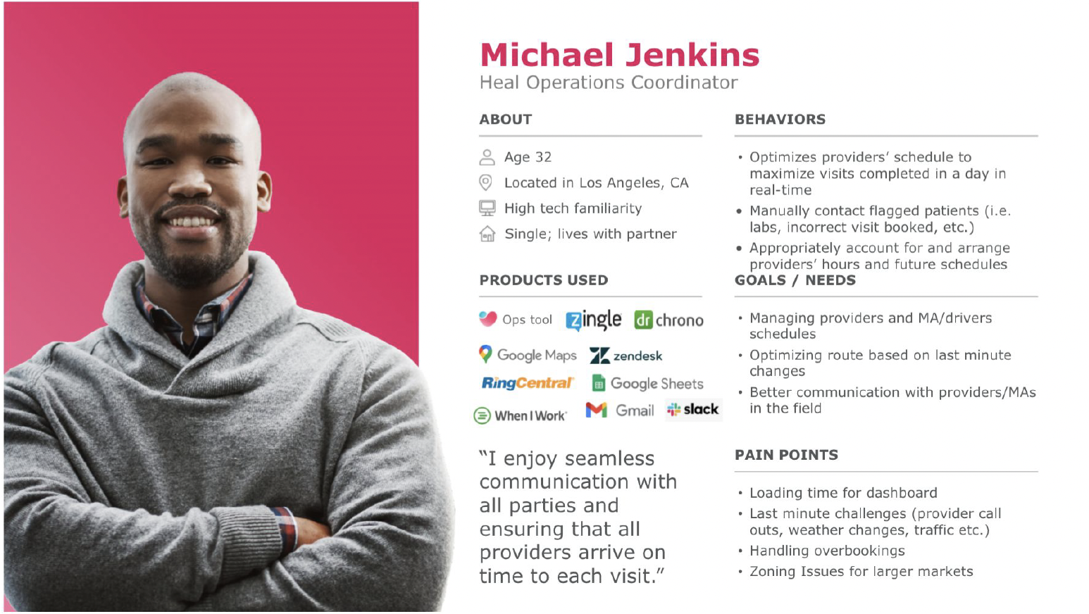 User persona for Michael Jenkins, Heal Operations Coordinator, age 32, Los Angeles. Key behaviors: optimizes provider schedules in real-time, manually contacts flagged patients. Pain points: loading time for dashboard, last-minute challenges, handling overbookings, zoning issues