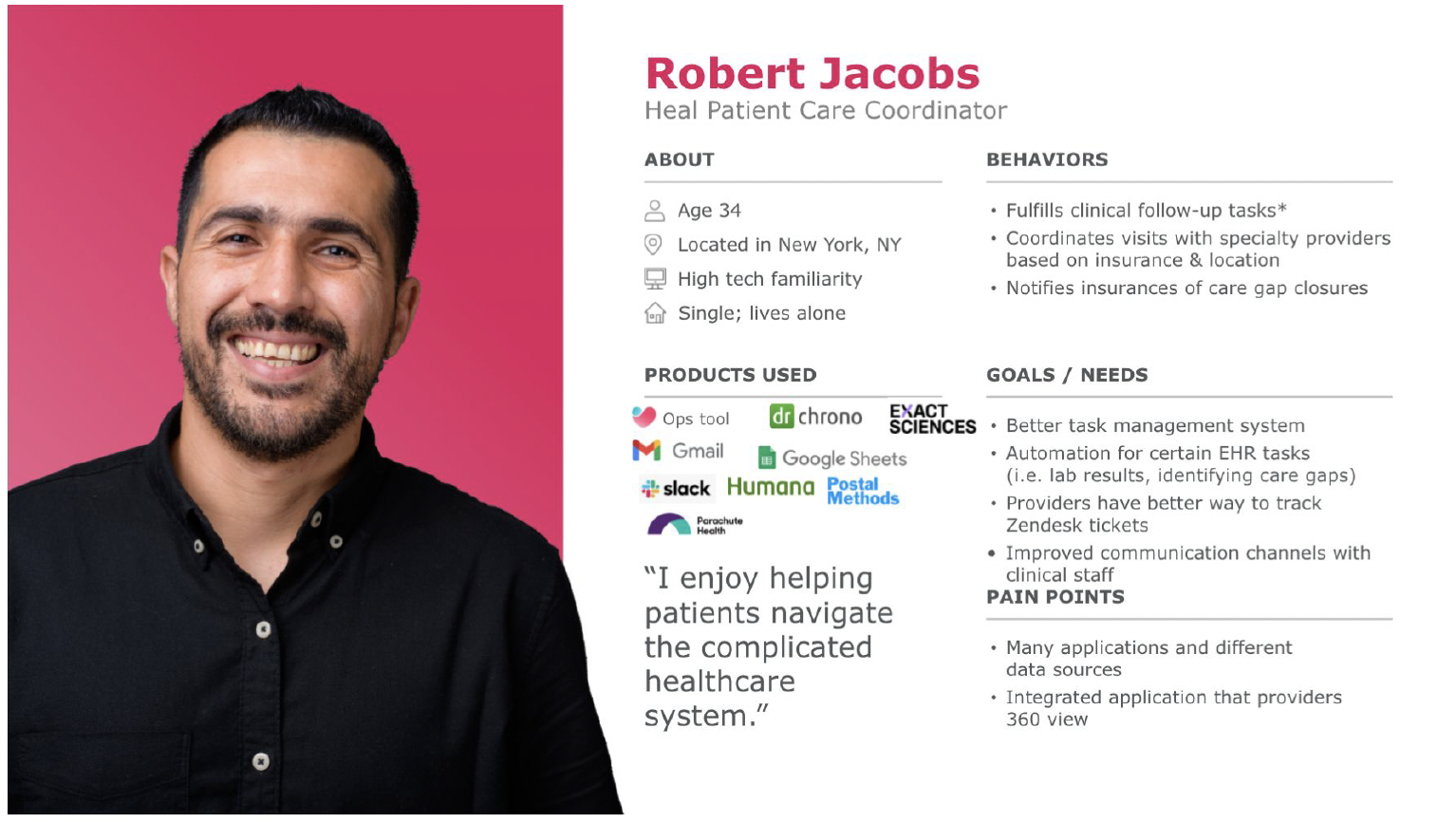 User persona for Robert Jacobs, Heal Patient Care Coordinator, age 34, New York. Key behaviors: fulfills clinical follow-up tasks, coordinates visits with specialty providers. Pain points: many applications and data sources, needs integrated application with 360 view