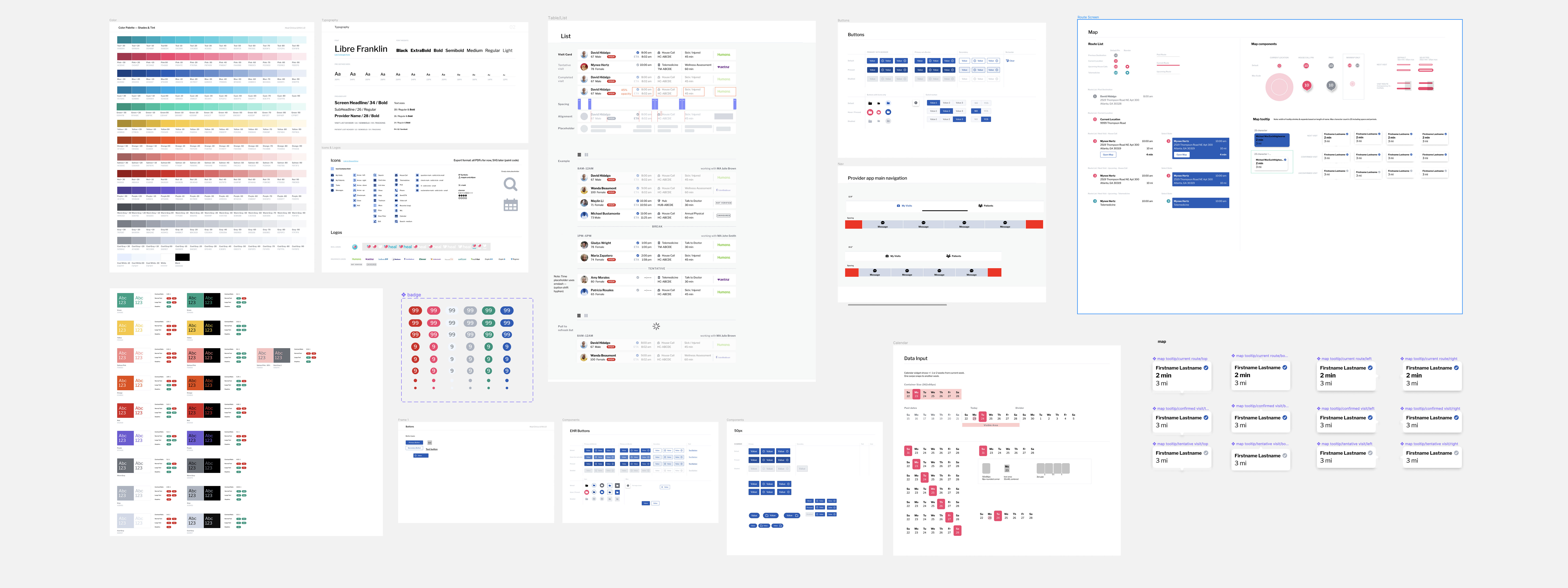 Heal UI/UX style guide showing the complete design system: color palette with teal, coral, and neutral tones, Libre Franklin typography scale, icon system, list components, table patterns, filter controls, map components, button styles, badge variations, and card layouts