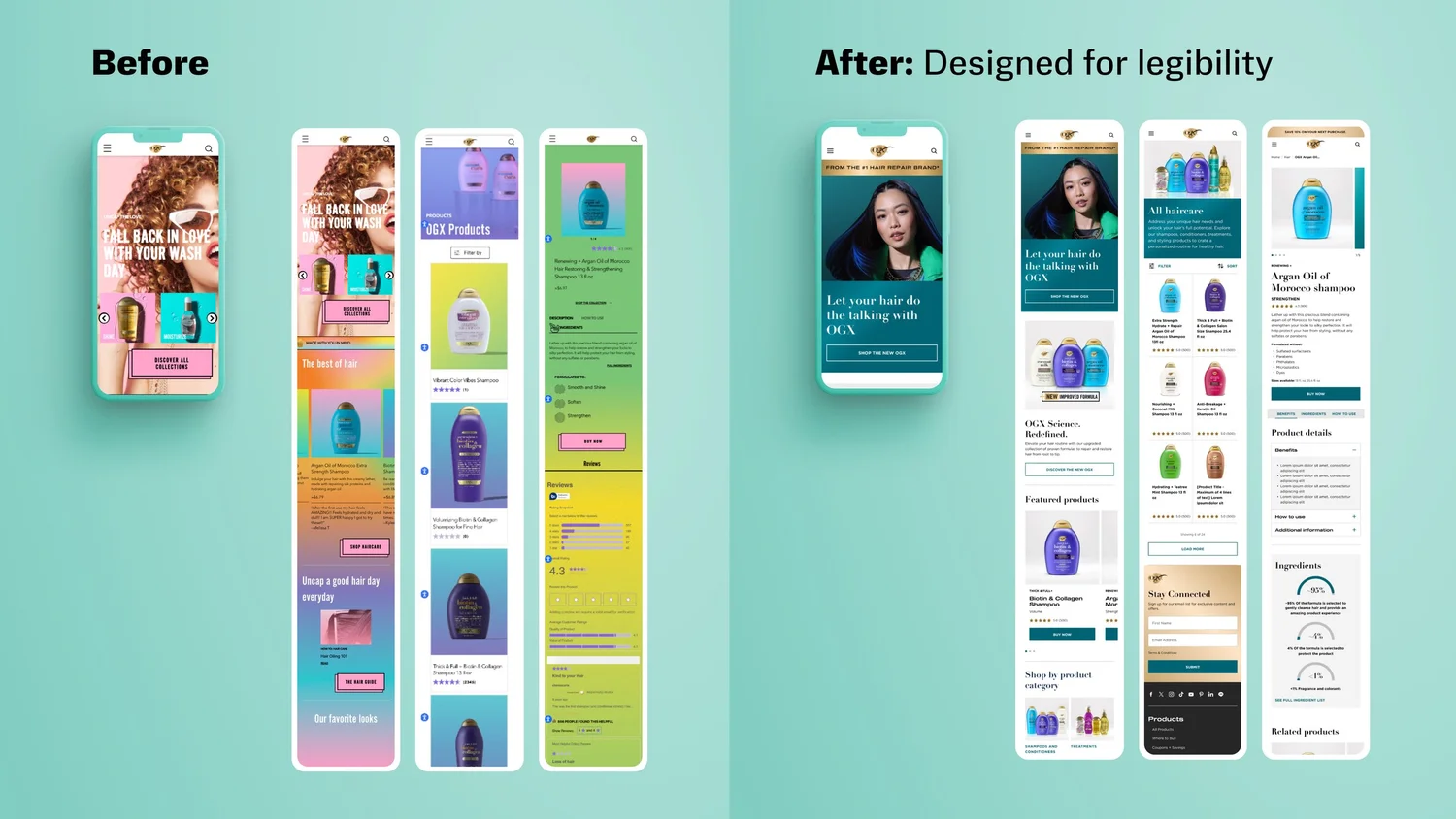 OGX Beauty before and after comparison: the before shows cluttered, low-contrast mobile screens with accessibility issues; the after shows clean, legible redesigned screens with proper hierarchy and contrast