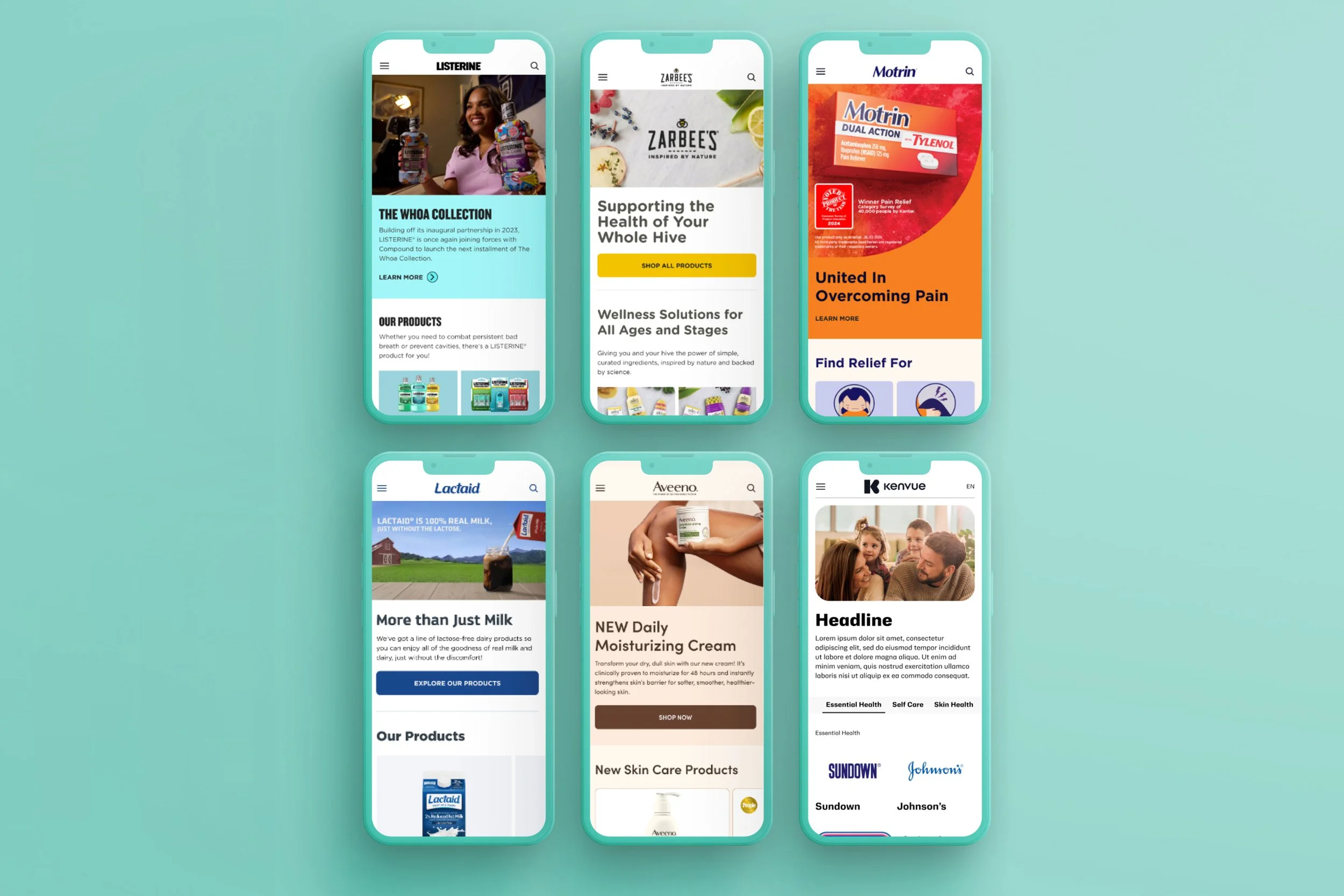Kenvue design system overview showing multiple brand websites including Listerine, Zarbee's, Motrin, Lactaid, Aveeno, and Kenvue rendered on mobile devices