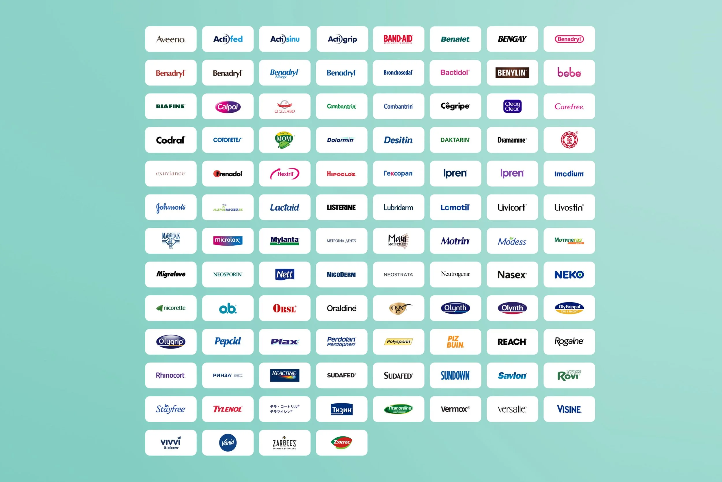 Grid of 100+ Kenvue brand logos including Aveeno, Band-Aid, Bengay, Benadryl, Listerine, Neutrogena, Tylenol, OGX, Zarbee's, and many more