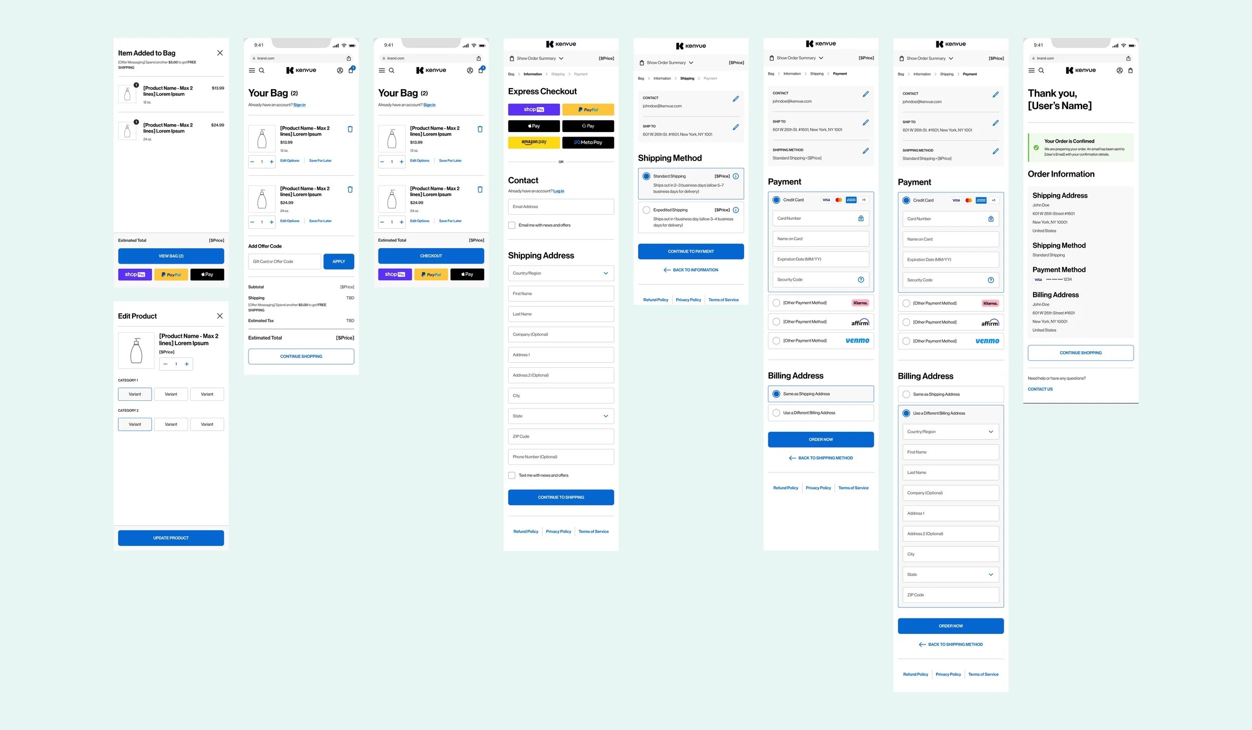 Complete checkout flow showing cart, express checkout, contact and shipping forms, payment with multiple methods, and order confirmation across mobile and desktop