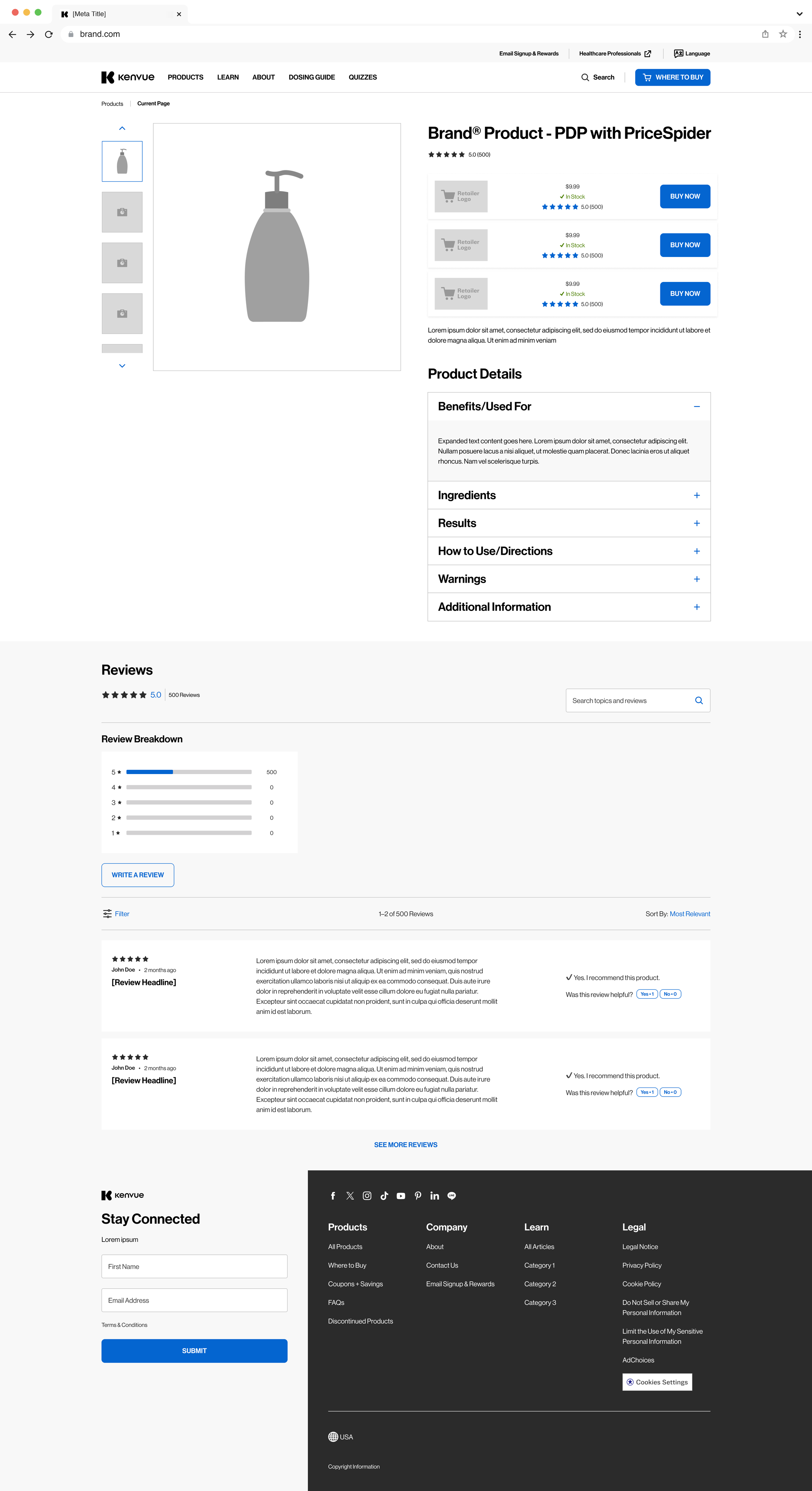 Product detail page design for a Kenvue brand showing product imagery, retailer pricing with buy now buttons, product details with expandable sections, and a reviews module