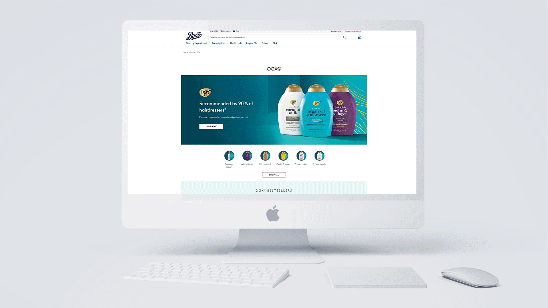 Animated walkthrough of the OGX desktop experience showing the full homepage scroll, product navigation, and content sections