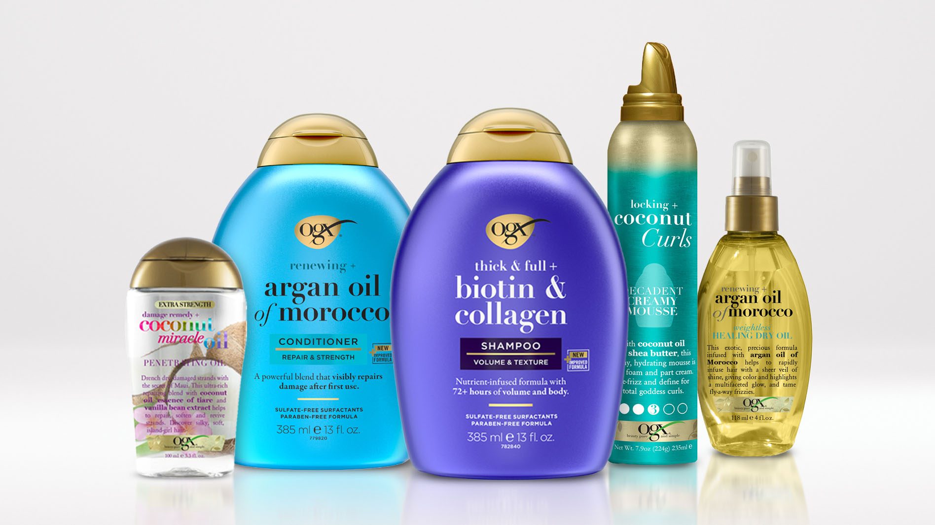 OGX Beauty redesigned website shown on desktop and mobile devices, featuring the homepage with the tagline Let your hair do the talking with OGX, alongside a mobile view showing Instagram integration and social sharing