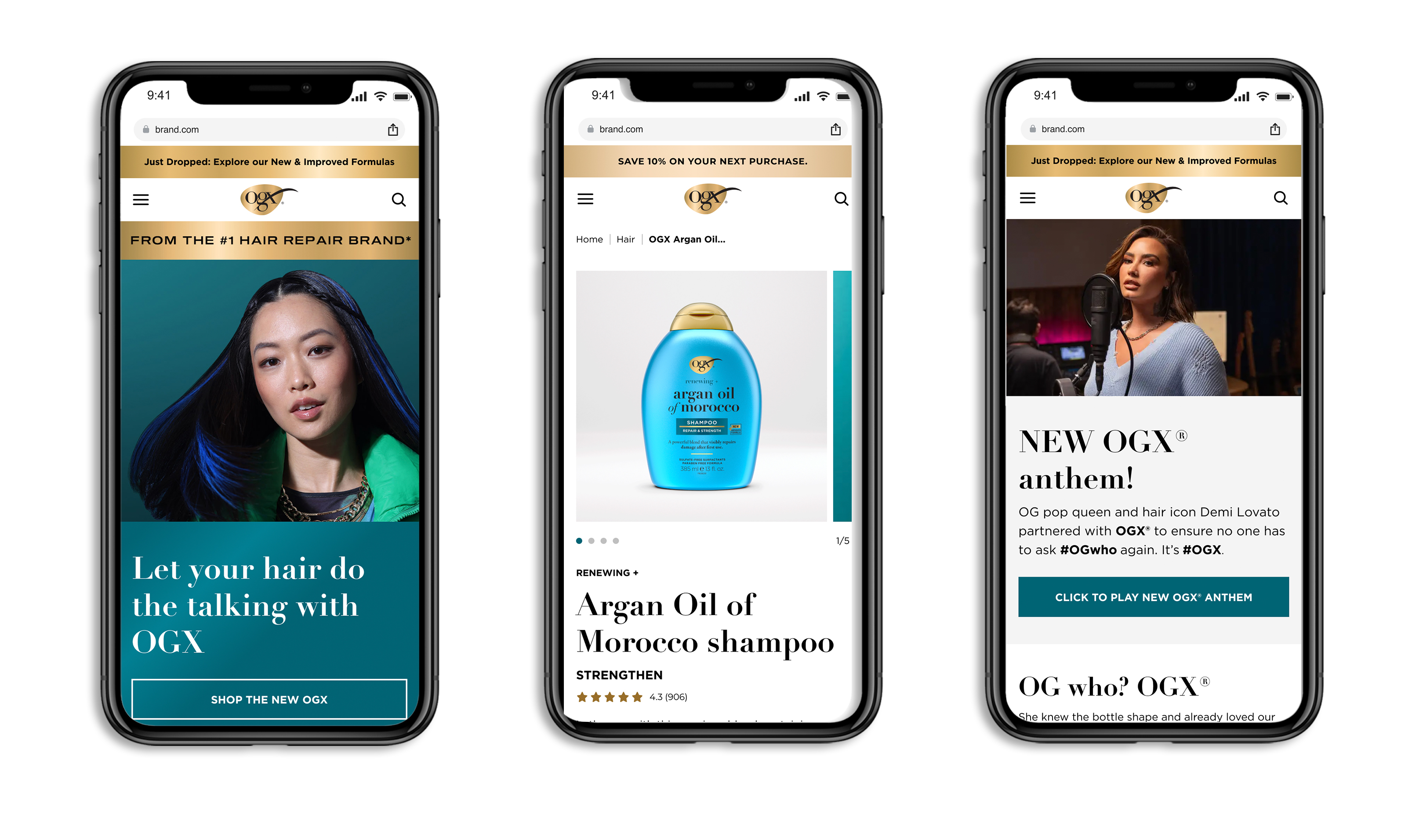 Three mobile screens showing the redesigned OGX experience: the homepage with Let your hair do the talking lifestyle hero, the Argan Oil product detail page with ratings and clear purchase flow, and a campaign page featuring the new OGX anthem with Demi Lovato partnership
