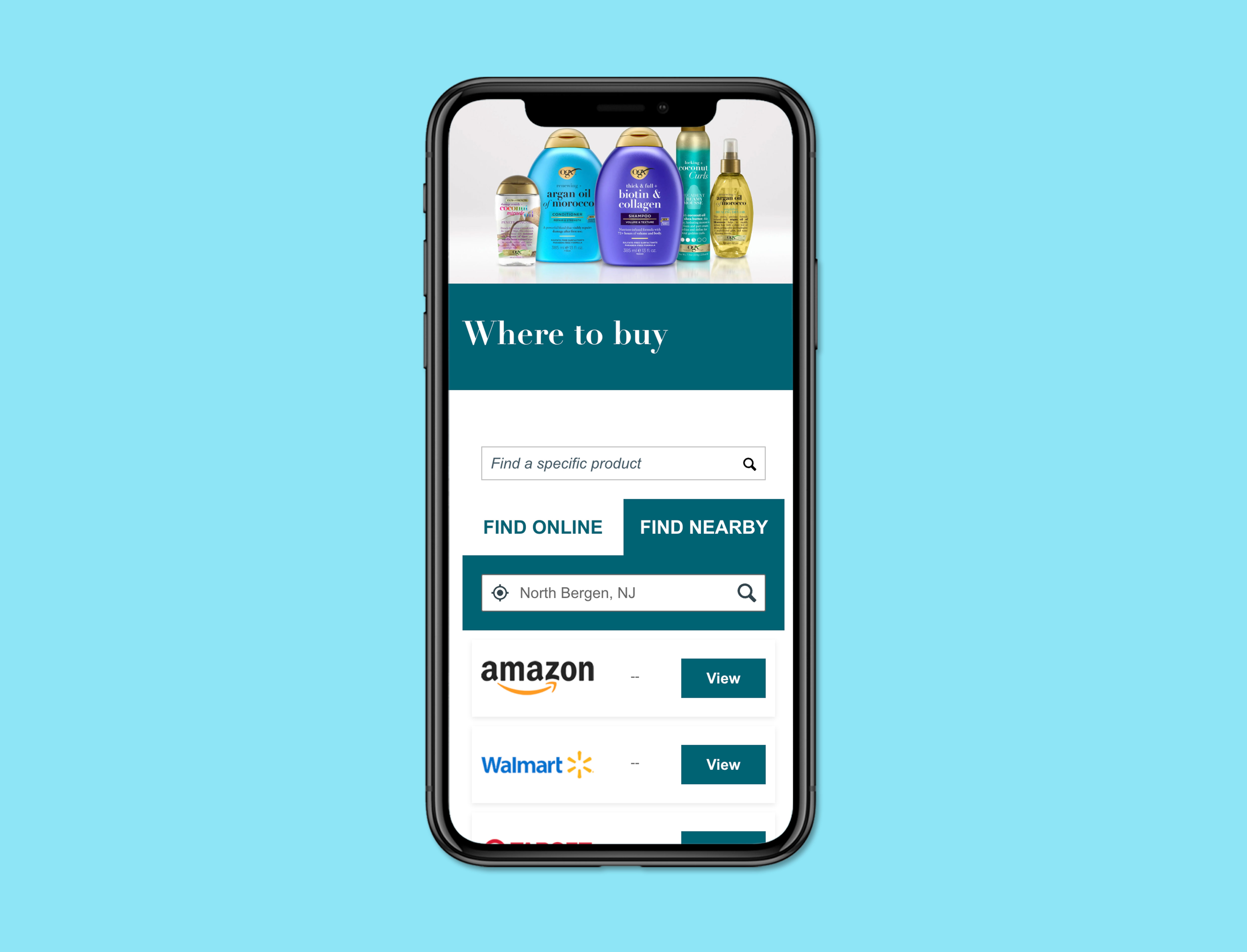 OGX Where to Buy page on mobile showing product search, Find Online and Find Nearby tabs, location search for North Bergen NJ, and retailer results from Amazon, Walmart, and Target with View buttons